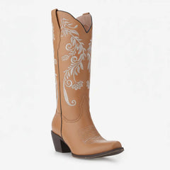 Tuhoomall Western Style Embroidered Mid-Calf Boots for All Seasons, Slip-On Low Chunky Heels with PU Material and Sniper Toe Design Tuhoomall