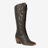 Tuhoomall Womens Chunky Heel Cowboy Western Boots Lace Up Retro Mid Calf Boots Riding Snip Toe Cowgirl Riding Boots