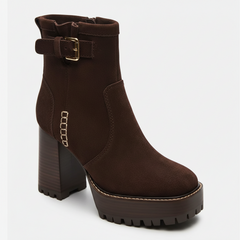 Tuhoomall Waterproof Chunky Heeled Ankle Boots for Outdoor, Work, and Casual Fashion - Adjustable Buckle, Zipper Closure, Quilted Suede