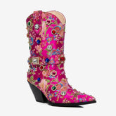 Tuhoomall Western Floral Embroidered Rhinestone Mid Calf Boots for Women, Chunky Heel, Water-Resistant Satin, Stylish for Spring Autumn Winter