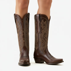 Tuhoomall Western Knee High Cowboy Boots for Women, Fashionable Casual Outdoor, Embroidered Design, Chunky Heel, Slip-On Style