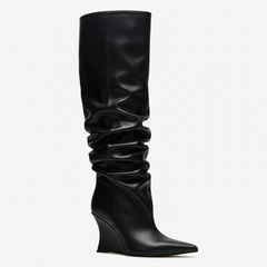 Tuhoomall Knee High Comfortable Wedge Booties With Pointed Toe For Parties, Performances, Fashion Events, Featuring Ruffled Design And Rubber Sole