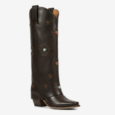 Tuhoomall Western Knee-High Boots With Studs And Embroidery, Casual Fashion For All Seasons, Foldable Design, Chunky Heel, Rubber Sole Tuhoomall