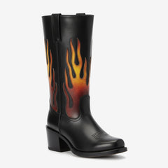 Tuhoomall Comfortable Mid-Calf Boots with Flame Gradient Design for Travel, Parties, and Performances - Chunky Heel, Slip-On, Floral Embroidery