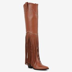 Tuhoomall Over-The-Knee High Heel Boots With Fringes And Studs For Party And Fashion Events