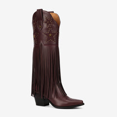 Tuhoomall Comfortable Western Knee-High Boots with Fringe and Studs for Fashion, Party, and Performance - 7.5cm Chunky Heel, All-Season Wear