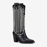 Tuhoomall Chunky Heel Western Rhinestone Booties with Fringes for Fashion Events, Pointed Toe, Slip-On Style, All-Day Comfort, Eye-Catching Design
