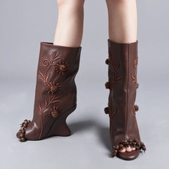 Tuhoomall High Heel Open Toe Ankle Boots Floral Embellished Summer Party Shoes with Wedge Design for Fashionable Evening Wear Tuhoomall