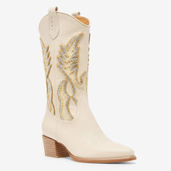 Tuhoomall Stylish Embroidered Knee High Boots, Suede Material, Low Chunky Heel, Perfect for Parties and Everyday Wear