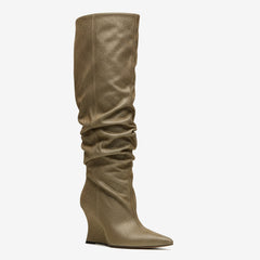 Tuhoomall Knee High Comfortable Wedge Booties With Pointed Toe For Parties, Performances, Fashion Events, Featuring Ruffled Design And Rubber Sole