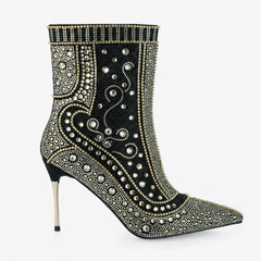 Tuhoomall Stylish Short Ankle Boots With Zipper, Rhinestones And Studs For Parties, Performances, And Fashion Events Tuhoomall