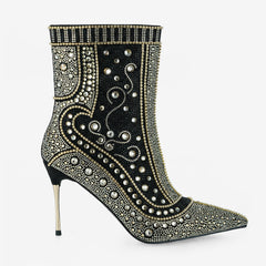 Tuhoomall Stylish Short Ankle Boots With Zipper, Rhinestones And Studs For Parties, Performances, And Fashion Events