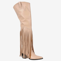 Tuhoomall Over-The-Knee High Heel Boots With Fringes And Studs For Party And Fashion Events