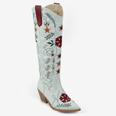 Tuhoomall Western Cowboy Knee-High Boots with Floral Embroidery, Chunky Heels for Fashion, Outdoor and Casual Wear, Unique Hollow Design, All-Season Ready