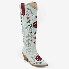 Tuhoomall Western Cowboy Knee-High Boots with Floral Embroidery, Chunky Heels for Fashion, Outdoor and Casual Wear, Unique Hollow Design, All-Season Ready