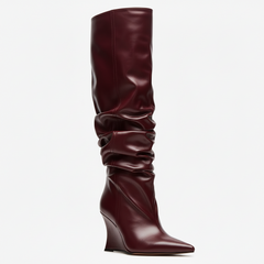 Tuhoomall Knee High Comfortable Wedge Booties With Pointed Toe For Parties, Performances, Fashion Events, Featuring Ruffled Design And Rubber Sole