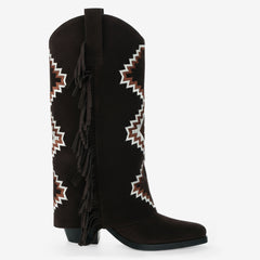 Tuhoomall Western Style Mid-Calf Booties with Colorful Geometric Patterns and Floral Embroidery - Perfect for Bohemian Chic Casual Outfits