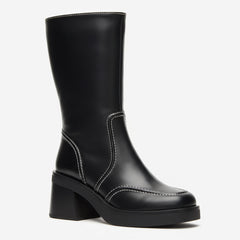 Tuhoomall Fashionable Casual Mid-Calf Boots for Travel and Outdoor, Comfortable Chunky Heels with Metal Zipper and Color Block Design Tuhoomall