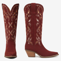 Tuhoomall Western Style Floral Embroidered Mid Calf Boots for Women, Chic Casual Look with Sturdy Chunky Heel and Slip-On Design