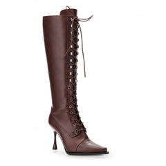 Tuhoomall Fashion Women's Knee-High Stiletto Boots, Elegant Party Wear with Lace-Up and Studs, Perfect for Weddings and Casual Outings