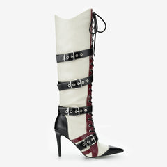 Tuhoomall Knee-High Boots for Women, Comfortable Floral Design with High Heel, Adjustable Buckle Closure, Perfect for Casual Style