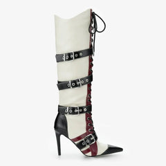 Tuhoomall Knee-High Boots for Women, Comfortable Floral Design with High Heel, Adjustable Buckle Closure, Perfect for Casual Style Tuhoomall