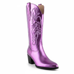 Tuhoomall Western Style Embroidered Mid Calf Boots for Women, Pointed Toe, Chunky Low Heel, Fashionable All-Season Footwear, Perfect for Parties