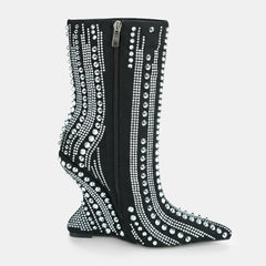 Tuhoomall High Heel Ankle Boots for Women - Striped Rhinestone Faux Suede Party Footwear with Zipper Closure and Unique Irregular Heels