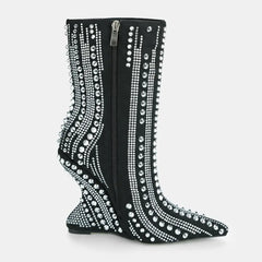 Tuhoomall High Heel Ankle Boots for Women - Striped Rhinestone Faux Suede Party Footwear with Zipper Closure and Unique Irregular Heels Tuhoomall