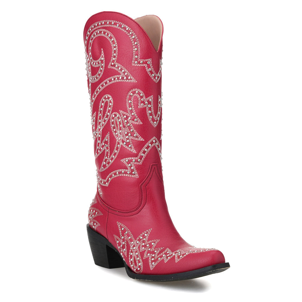 Tuhoomall Western Cowgirl Boots for Women, Mid Calf Slip-On Boot with Embroidery and Rhinestones, Chunky Heel for Outdoor Parties and Performances Tuhoomall