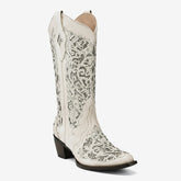Tuhoomall Cowboy Boots for Women Western Square Toe Mid Calf White Cowgirl Boots Rhinestone Chunky Wedding Tuhoomall