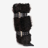 Tuhoomall Knee-High Folded Fashion Boots with Pointed Toe, Faux Fur Design, Adjustable Buckle, Stylish Rubber Sole for Parties and Performances