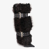 Tuhoomall Knee-High Folded Fashion Boots with Pointed Toe, Faux Fur Design, Adjustable Buckle, Stylish Rubber Sole for Parties and Performances Tuhoomall