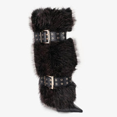 Tuhoomall Knee-High Folded Fashion Boots with Pointed Toe, Faux Fur Design, Adjustable Buckle, Stylish Rubber Sole for Parties and Performances Tuhoomall