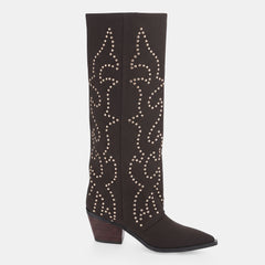 Tuhoomall Western Style Floral Embellished Women's Mid-Calf Boots with Chunky Heel for Fashionable Outdoor Casual Wear