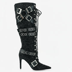 Tuhoomall Rhinestone Knee-High Heeled Boots for Women with Adjustable Strap, Faux Suede Finish and Geometric Pattern, Perfect for Parties and Dances