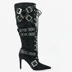 Tuhoomall Rhinestone Knee-High Heeled Boots for Women with Adjustable Strap, Faux Suede Finish and Geometric Pattern, Perfect for Parties and Dances Tuhoomall