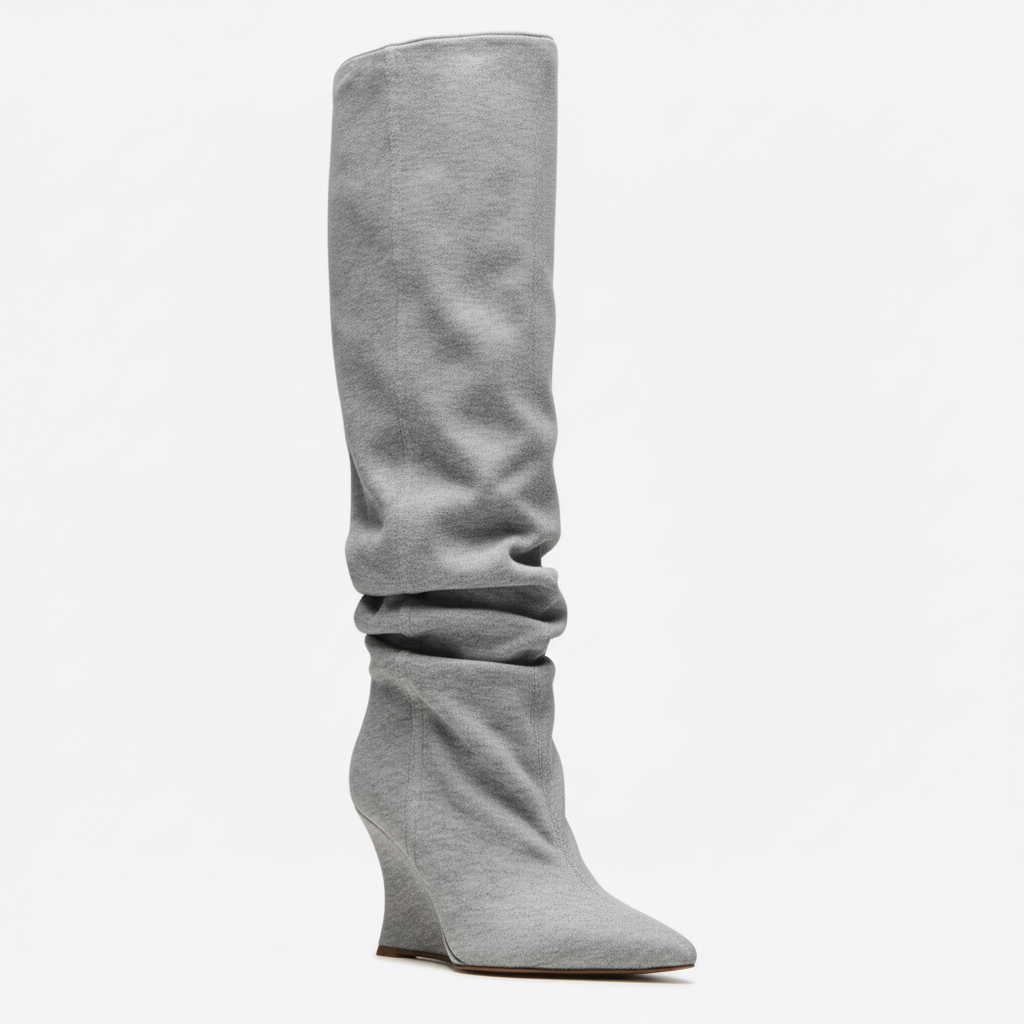 Tuhoomall Knee High Comfortable Wedge Booties With Pointed Toe For Parties, Performances, Fashion Events, Featuring Ruffled Design And Rubber Sole Tuhoomall
