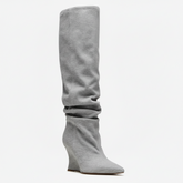 Tuhoomall Knee High Comfortable Wedge Booties With Pointed Toe For Parties, Performances, Fashion Events, Featuring Ruffled Design And Rubber Sole Tuhoomall