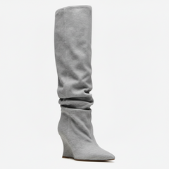 Tuhoomall Knee High Comfortable Wedge Booties With Pointed Toe For Parties, Performances, Fashion Events, Featuring Ruffled Design And Rubber Sole