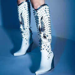 Tuhoomall Pointed-Toe Mid Calf Boots With Rhinestones For Fashion Parties | Chunky Heel, PU Upper, All-Season Style