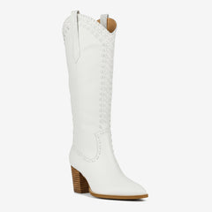 Tuhoomall Western Knee-High Boots for Women, 7cm Chunky Heels, Slip-On Style, Durable Woven Leather, Perfect for Work and Casual Occasions