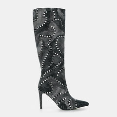 Tuhoomall Western Style Knee-High Glittering Stiletto Boots for Parties and Performances with Rhinestones and Geometric Patterns