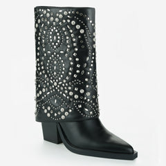 Tuhoomall Ankle Boots for Women, Stylish and Comfortable, Perfect for Parties and Casual Outings, Studded Design with Metal Buckle, 10cm Chunky Heel