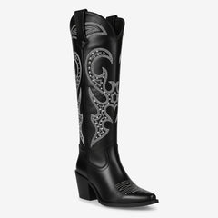 Tuhoomall Western Style Knee High Boots With Rhinestones & Embroidery, Trendy Chunky Heels For Casual Office Wear, All Season Comfort