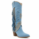 Tuhoomall Faux Suede Pointed Toe Fringe Western Mid Calf Boots for Casual Spring Autumn Winter Wear
