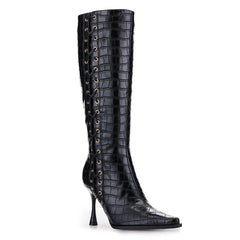 Tuhoomall Fashion Knee-High Boots for Women, Chic Style with Zipper and Stone Pattern, 9cm Stiletto Heels for Everyday and Work Use Tuhoomall
