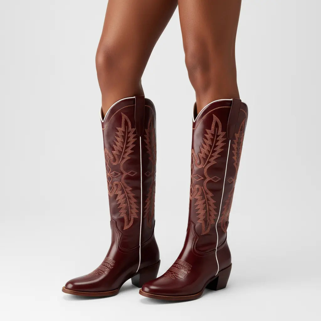 Tuhoomall Dark Green Embroidered Western Knee High Boots for Wide Calf with Chunky Heel Tuhoomall