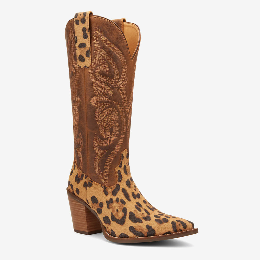 Tuhoomall Fashion Women’s Mid Calf Boots, Embroidered Leopard Pattern, Stylish Chunky Heel for Parties Tuhoomall