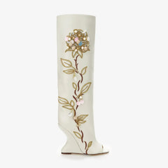 Tuhoomall Over-The-Knee Floral Embellished Heeled Boots for Party and Dance - Stylish Slip-On Design with Rhinestone and Sequin Detail Tuhoomall